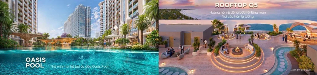 Phối cảnh hồ bơi và không gian thư giãn Q Topia